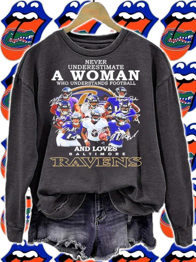 Never Underestimate A Woman Who Understands Football And Loves Baltimore Ravens Signatures Shirt t-shirt