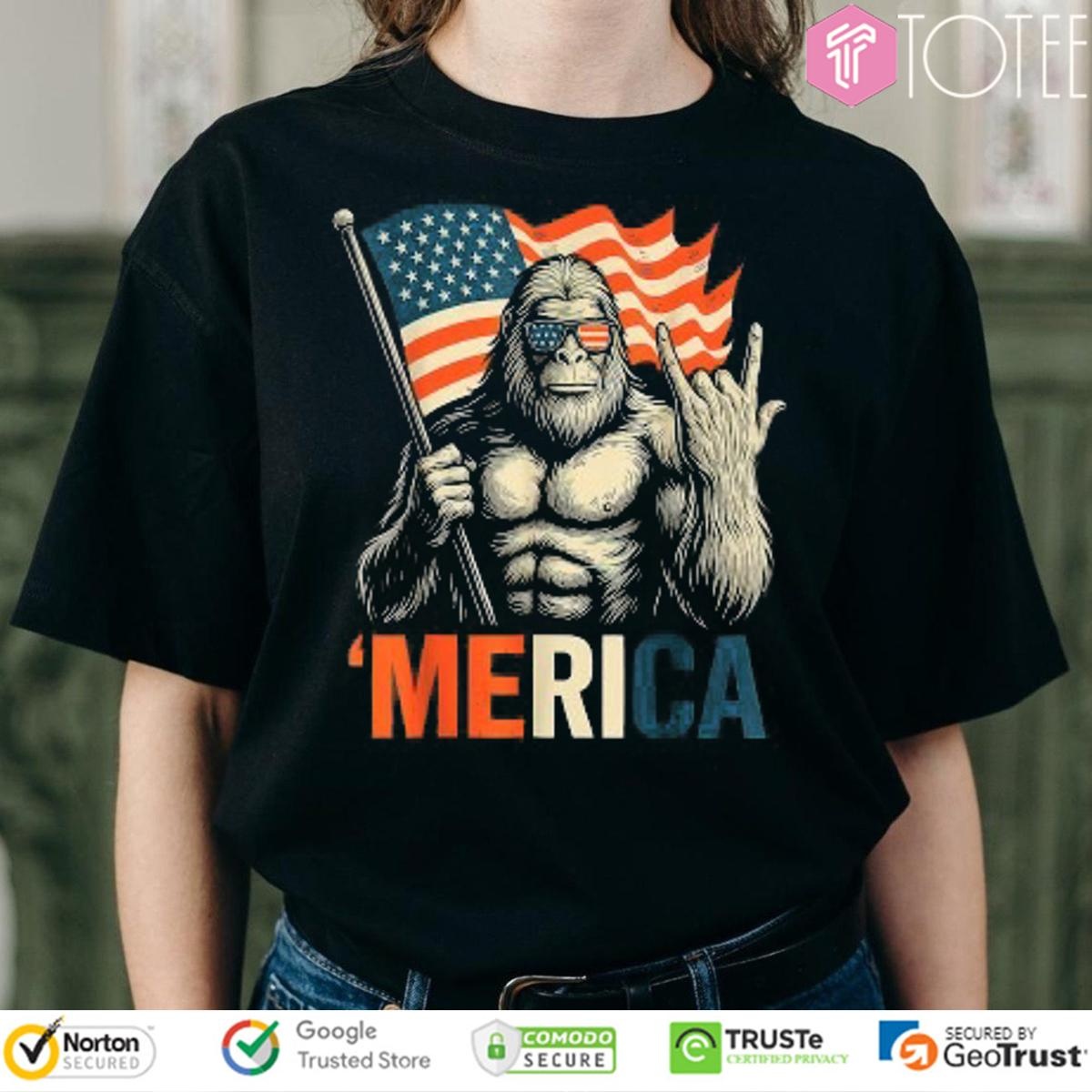 Bigfoot Patriotic Merica Rock Sign American Flag Happy 4Th Of July T-shirt