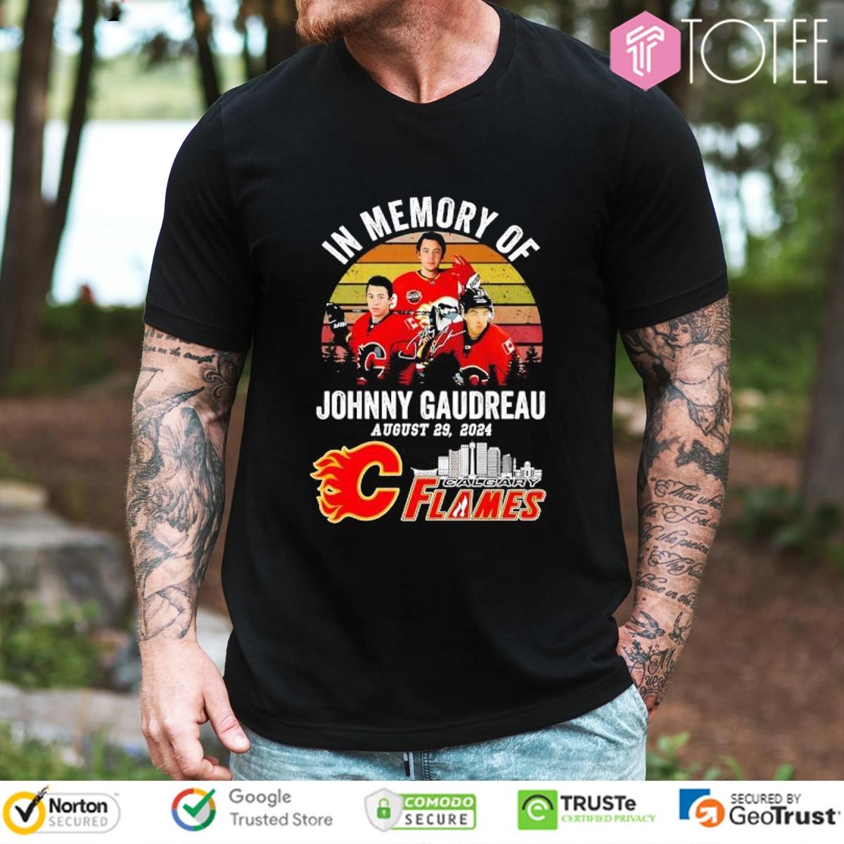 In Memory Of Johnny Gaudreau Calgary Flames Signature Vintage Sunset T-shirt